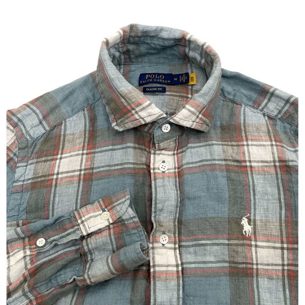 Polo Ralph Lauren Linen Button Down Shirt Mens Medium Blue Plaid Classic Fit